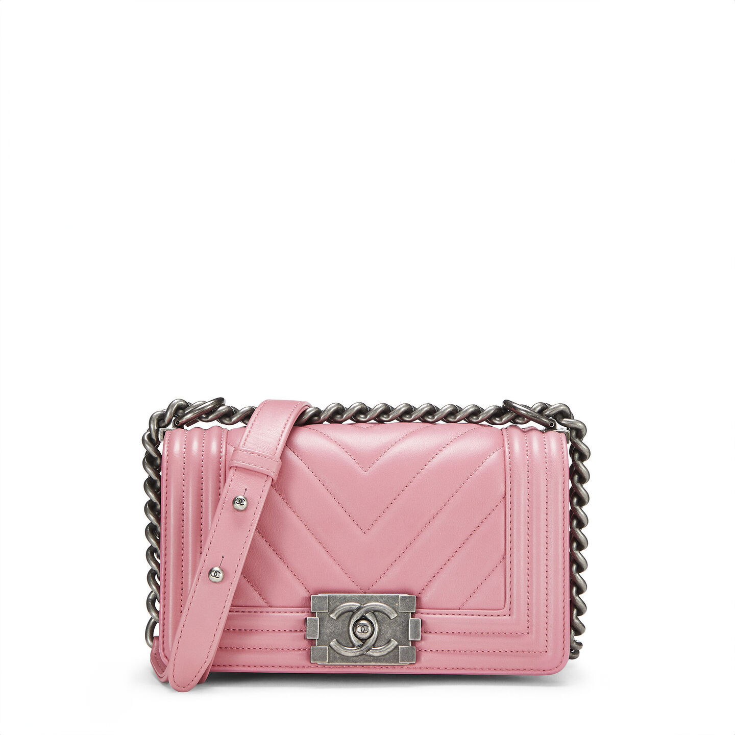 CHANEL PINK CHEVRON LAMBSKIN BOY BAG SMALL